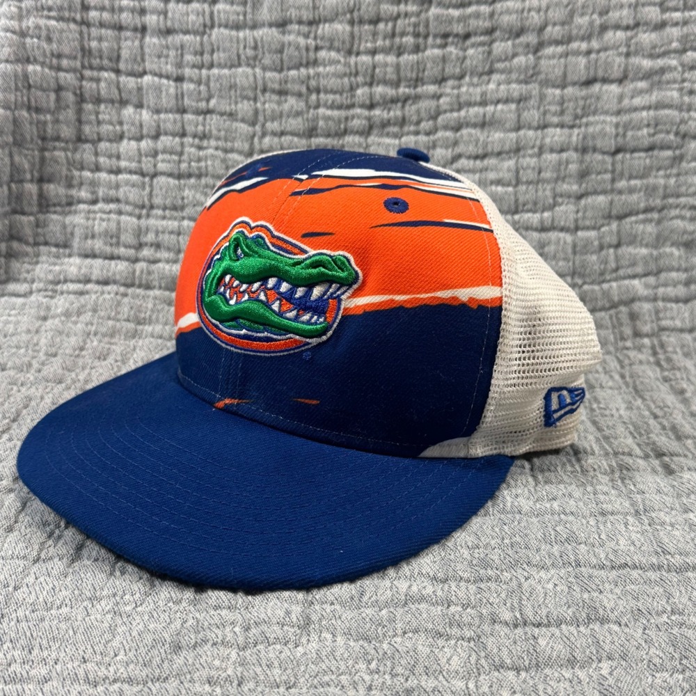 Florida Gators Splash SnapBack Trucker Hat New Era 9Fifty Blue Orange White NCAA